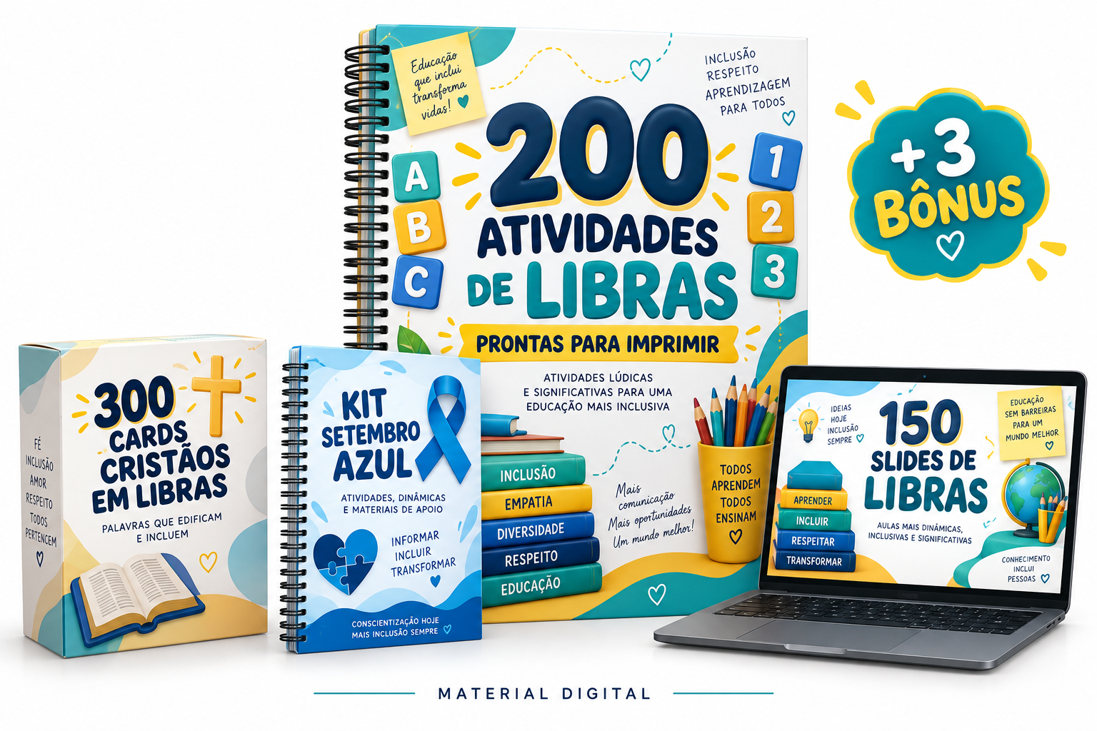 200 atividades de Libras com três bônus: cards e jogos cristãos, Kit Setembro Azul e 150 slides